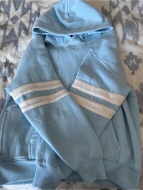 Light Blue Hoodie with White Stripe Detail - Womens sweater